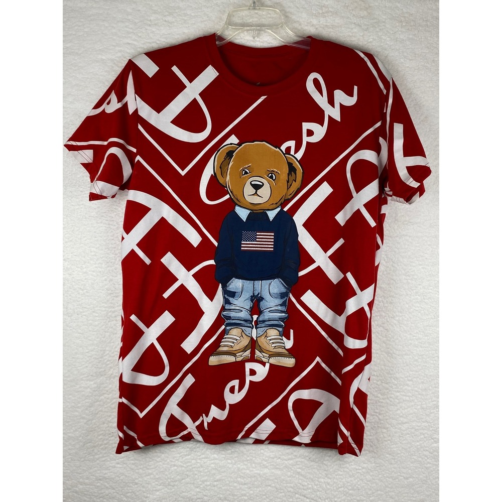 Vibes Fresh Teddy Bear Graphic T-Shirt Mens Large Red USA‎ Flag Streetwear Tee